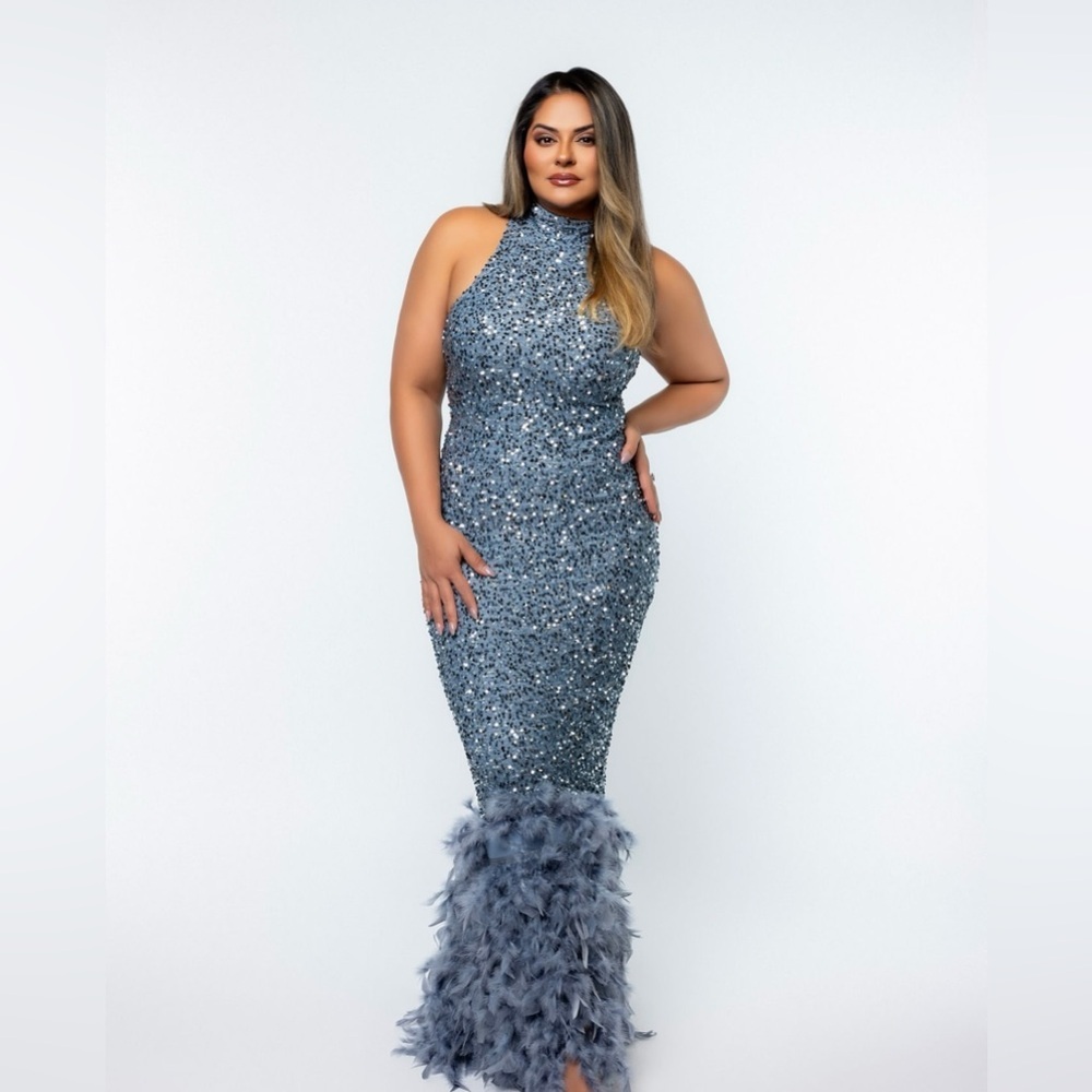 NWT Blue sequined dress with feather trim
